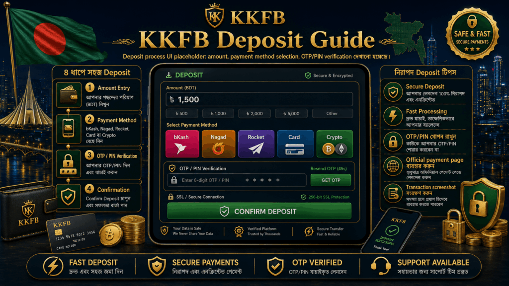 Deposit process UI placeholder: amount, payment method selection, OTP/PIN verification দেখানো হয়েছে।