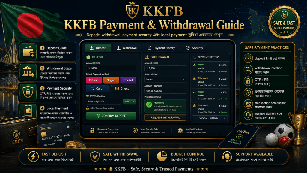 KKFB Payment ও Withdrawal Guide: Deposit, withdrawal, payment security এবং local payment সুবিধা একসাথে দেখুন।