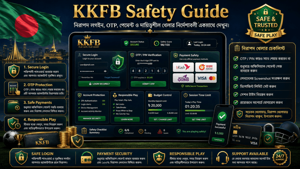 KKFB Safety Guide: নিরাপদ লগইন, OTP, পেমেন্ট ও দায়িত্বশীল খেলার নির্দেশাবলী একসাথে দেখুন।